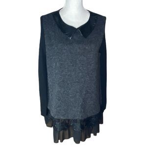 Women’s Sz Med Black Gray Layered Vegan Leather Mesh Multi Fabric Sweater Tunic